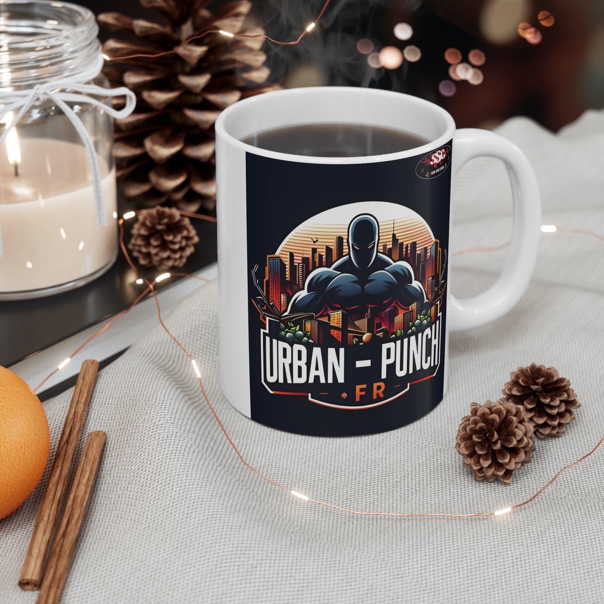 E003A - Mug (tasse) Blanc & Noir 11oz "Urban-Punch.FR"